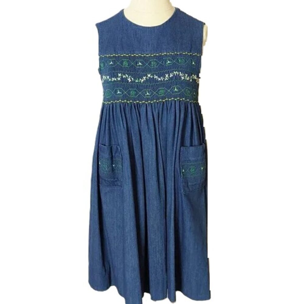 Vintage 70's Prairie Embroidered Dress Denim Smocked Handmade Boho Shift